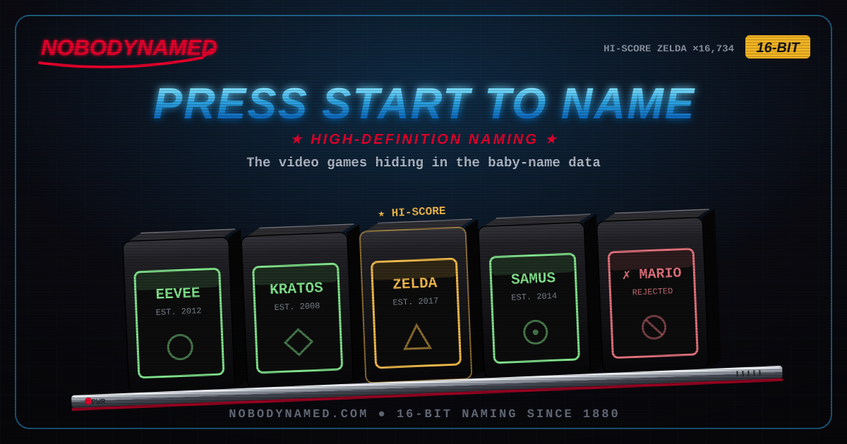 Press Start to Name — a Sega Genesis–style stack of cartridges standing on edge, labeled with video-game names that became baby names